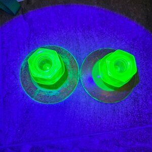 VTG Pair of Uranium Green Depression Glass Geometric Hexagon Taper Candle Holder